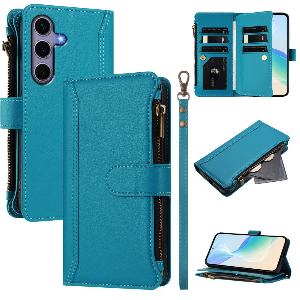 For Samsung Galaxy S24/Galaxy S25 Leather Case 9 Card Slots Zipper Wallet Stand Phone Cover with Wrist Strap
