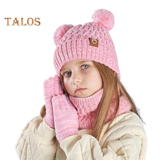 Kids Winter Hat Gloves Scarf Set Cold Weather Knitted Bear Hat with Pom Fleece Lined Neck Warmer Mitten Set for Girls Boys Ages 4-10 Outdoor