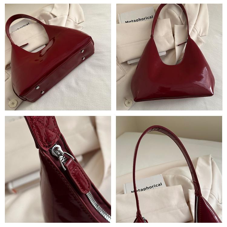 Glossy Faux Leather Crescent Bag for Women Fashionable Handheld Shoulder Purse Trendy Daily Clutch