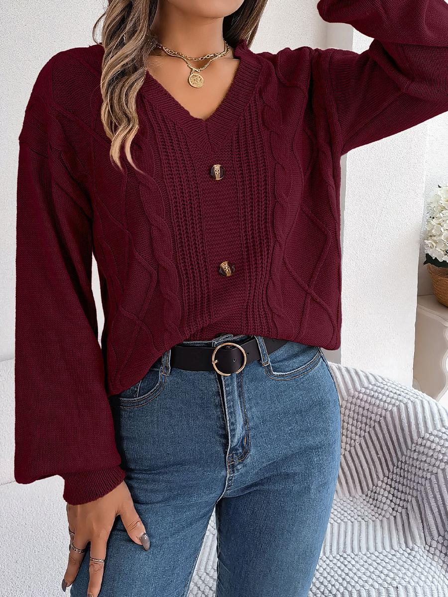 

Сплошной цветной пуловер с v-образным вырезом на пуговицах и рукавами-фонариками для женщин L красный