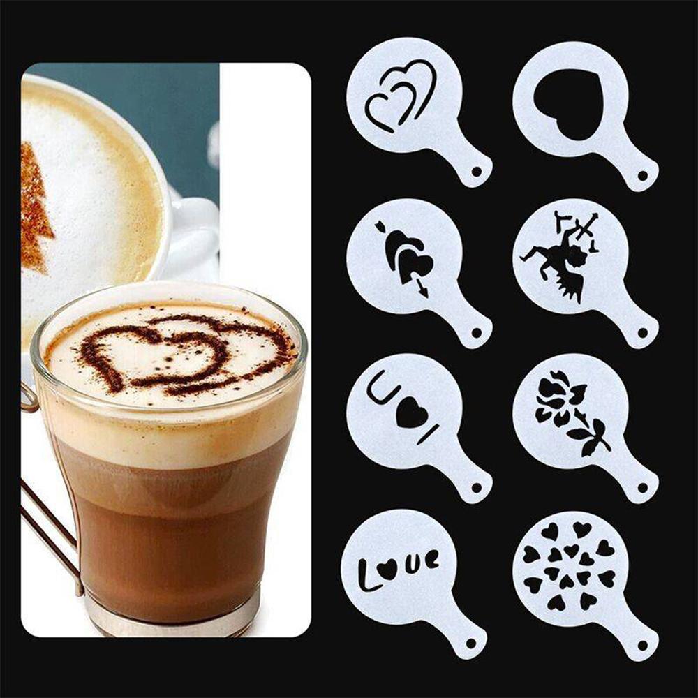 [i Cafilas][SS] 1PC Stainless Steel Chocolate Shaker Cocoa Flour Sugar Powder Coffee Sifter +8 PCS Coffee Stencils Template +1 Gold Spoon