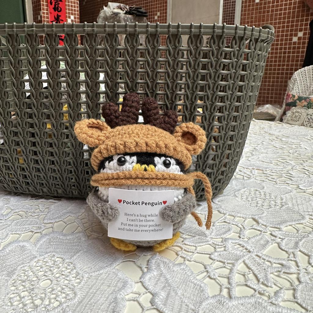 Finished Handmade Cotton Wool Frog Hat Reindeer Hat Penguin Doll Crochet Keychain