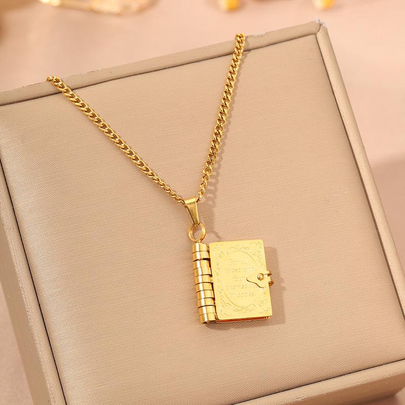 Popular titanium steel necklace, retro book can open couple collarbone chain, fashionable stainless steel necklace