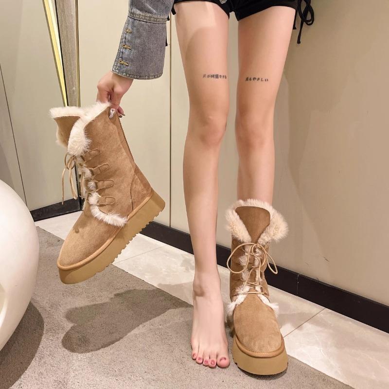 Lace-up two-wear snow boots for women s winter new thick-soled medium tube fur integrated fleece thickened cotton boots 40 хаки