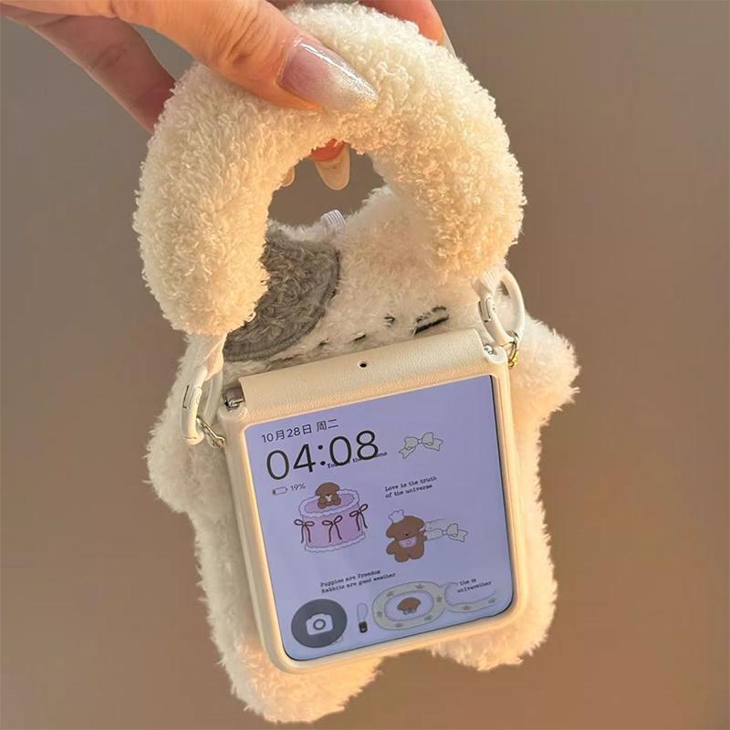 

zflip6 case cute white Furry Cat phone Case for Samsung galaxy z flip6 Case Kawai flip leather Cover with beige plush hand strap For Samsung z flip6