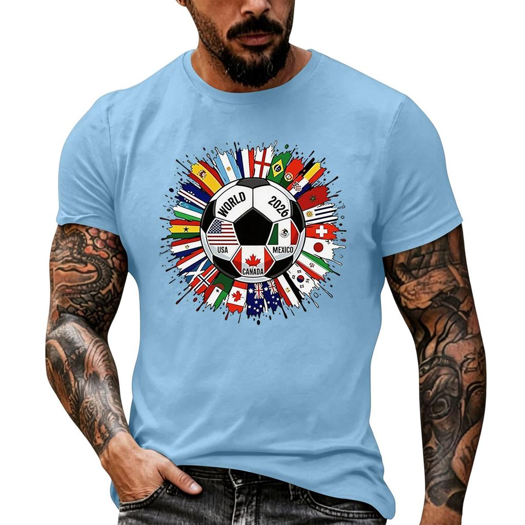 Men's Basic Crew Neck Short Sleeve T Shirt Loose Fit Casual Summer Top Soccer Ball and International Flags Graphic Print