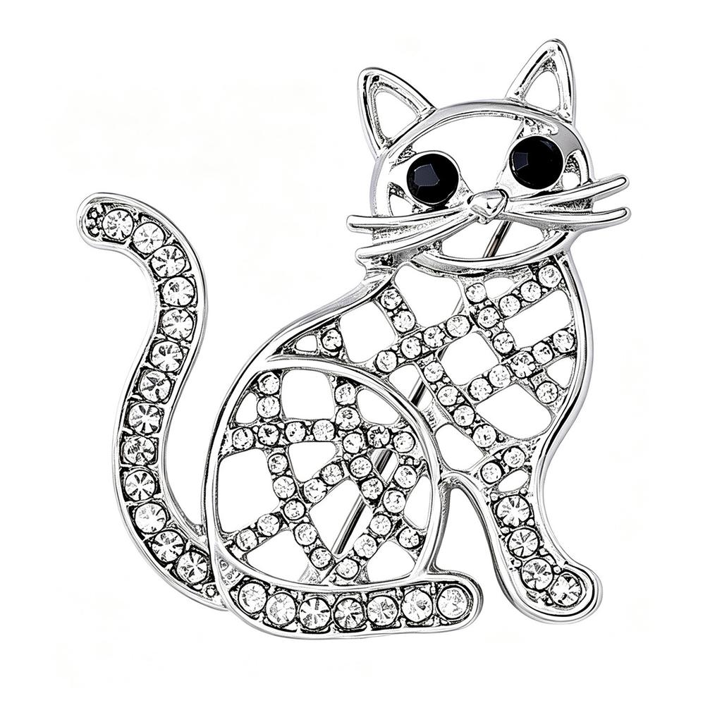 Cute Crystal Cat Brooch, Fashion Animal Pin, Luxury Dress Accessory Gift