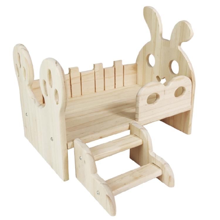 GuineaPigs Wood Platform Bed with Stair for Small Animals Hamster Resting Bed