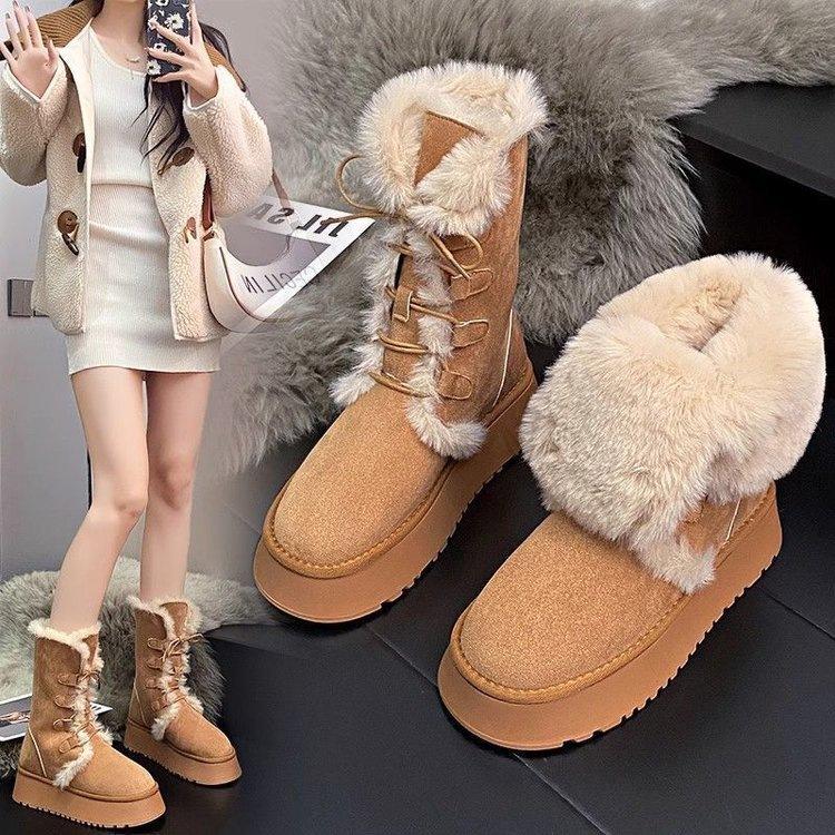 Thick-soled snow boots winter new lace-up two wear piled thickened large cotton shoes medium tube cotton boots