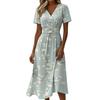 Women V Neck Waist Cinched Floral Print Short Sleeve Midi Dress Casual Summer Day Dress