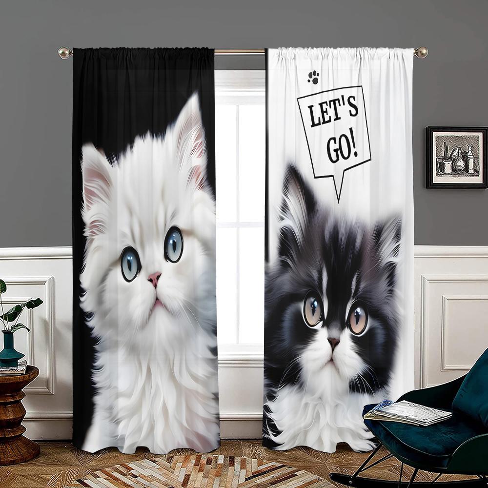 2 Pieces, Cute Black and White Cat Curtains - Semi Blackout - Suitable for Living Room, Bedroom, Kitchen, Home Decoration