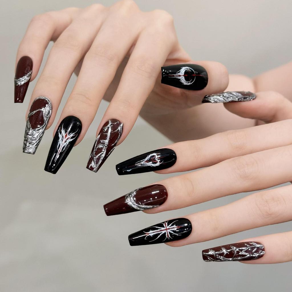 Yihe Wearable Nails - Dark Goth Red & Silver Manicure Set for European & American Styles
