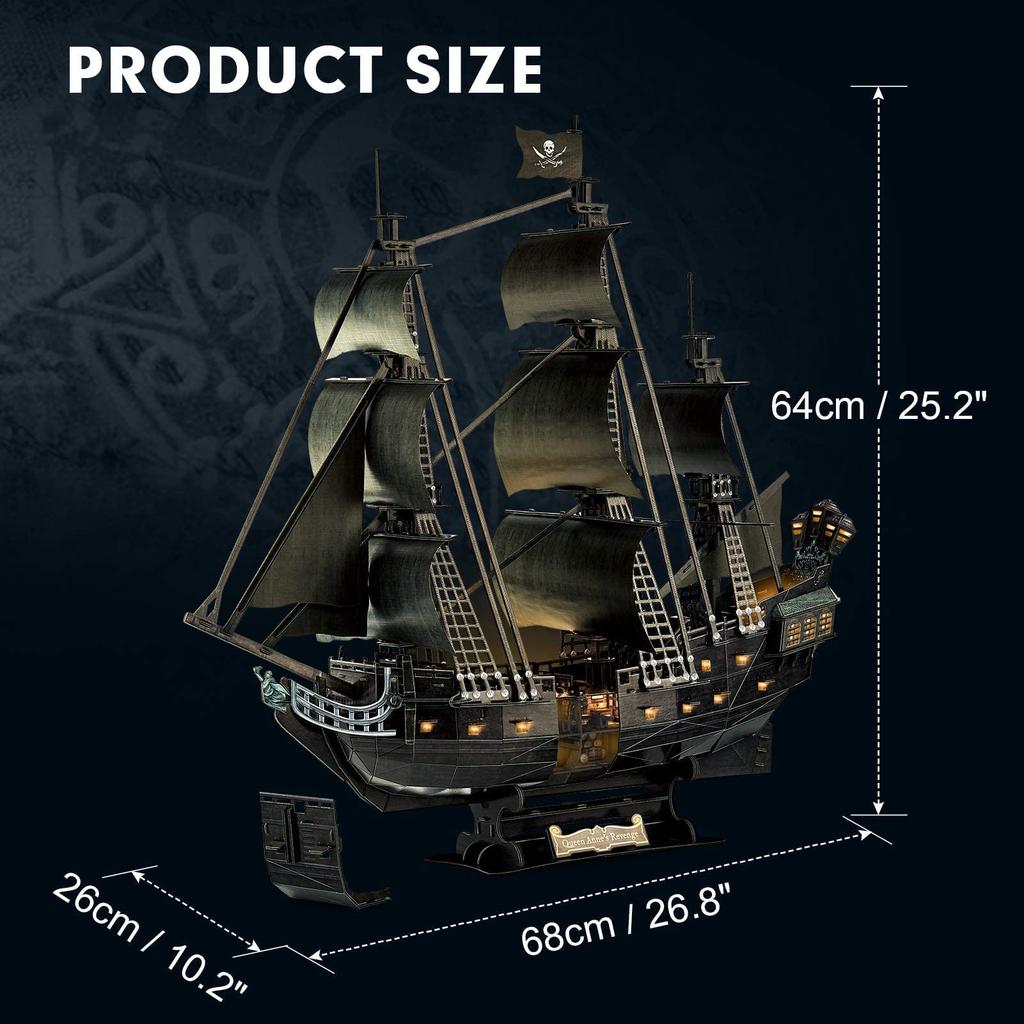 3D Puzzle for Adults Movable LED Pirate Ship Halloween Decoration Detailed Interior Large Queen Revenge Yacht Desk Puzzle Challenging 3D Puzzle with