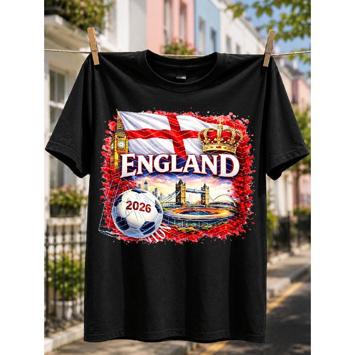 England 2026 Football T-Shirt - St George Flag & Iconic Landmarks Print (Big Ben, Tower Bridge, Stadium Collage) - Loose Fit Round Neck Suitable for S