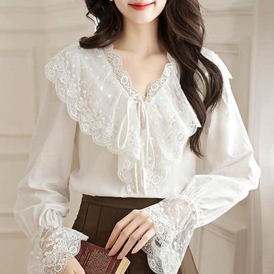 Autumn Fashion New Long Sleeve Lace Ruffles V-Neck White Blouse Shirt Women Tops J413