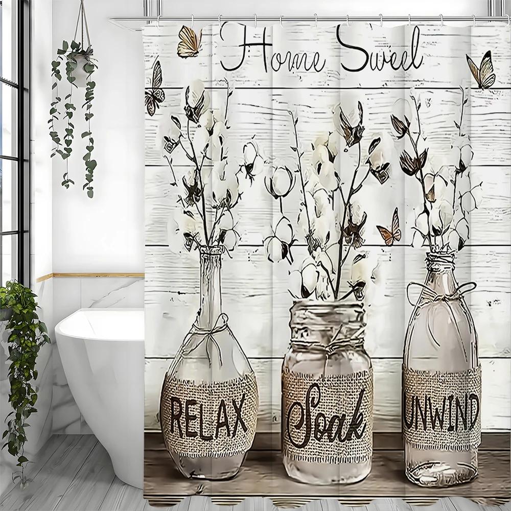 Cotton Floral Mason Jar Shower Curtain, Bathroom Decorative Shower Curtain, Waterproof Shower Curtain with Hooks W90xH180cm