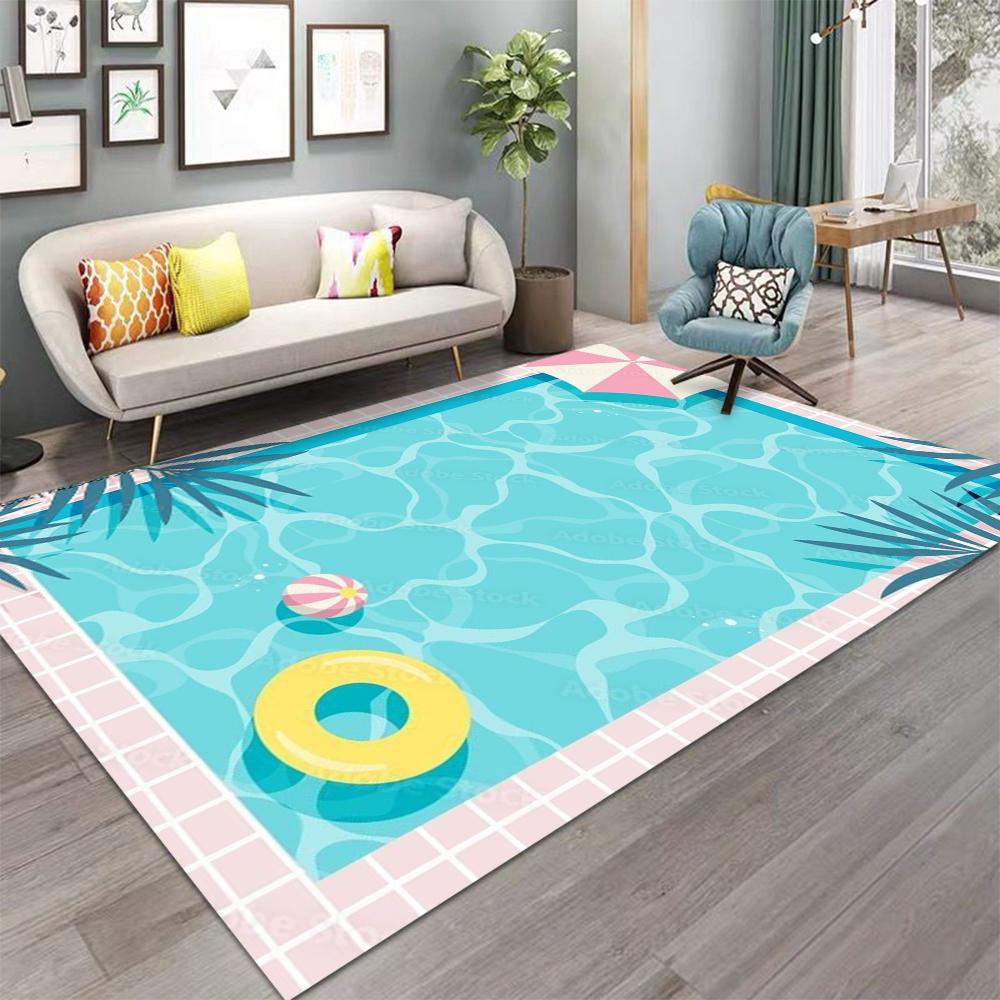 Carpet With Swimming Pool Water Pattern Tropical Palm Leaf Float Ring Flower Designs NonSlip Rug For Living Room Decor