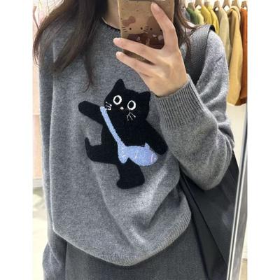 Cat Towel Embroidered Soft Waxy Pullover Sweater Women Autumn Winter Loose Lazy Inner Knitted Top