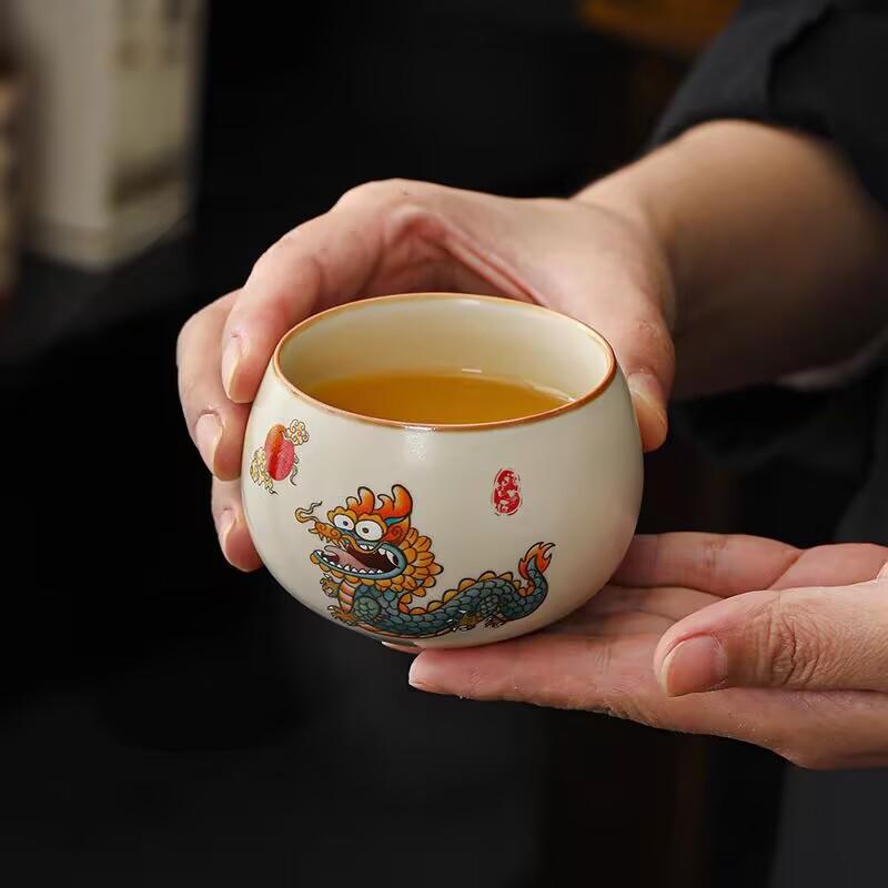 Hongyue Dragon Yin Tiger Roar Beige Ru Kiln Teacup Master Cup Kung Fu Tea Set Personal Special Cup Drinking Tea Bowl Tea Cup