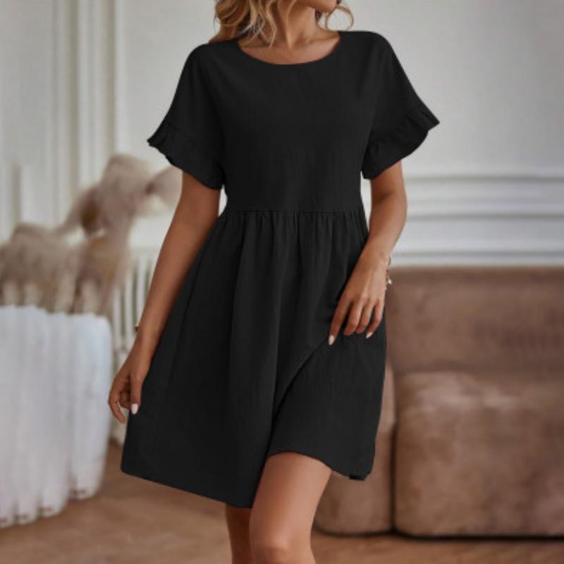 

Женская мода лето весна однотонный принт О-образный вырез высокая талия повседневные платья XXL чёрный