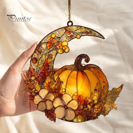 Chique Herfstachtige Sfeer Hangend Stuk Glas-in-lood Pompoen Maan Zonenvanger, Acryl Halve Maan Raamdecoratie met Halloween Thanksgiving Decoratief