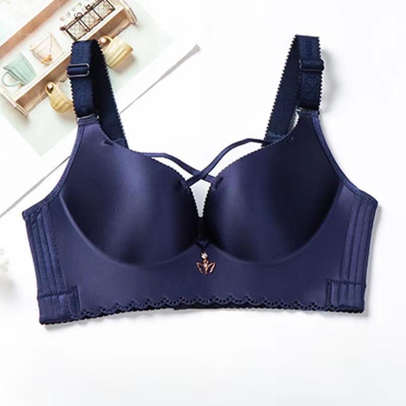 Fat Girl's No-rim Cross-gathering Plus-size Underwear with Adjustable Shape and Beautiful Back Large Cup and Side-breasted Bra