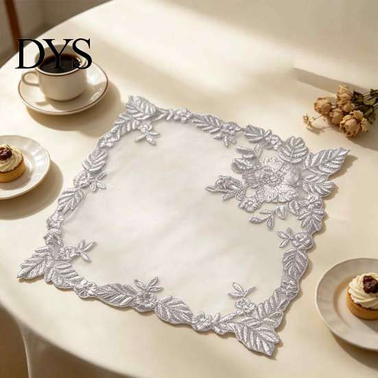 Photography Background Props Square Lace Placemat for Dining Table, Embroidered Mesh Heat Resistant Table Delicate Runners Mat, Retro Floral