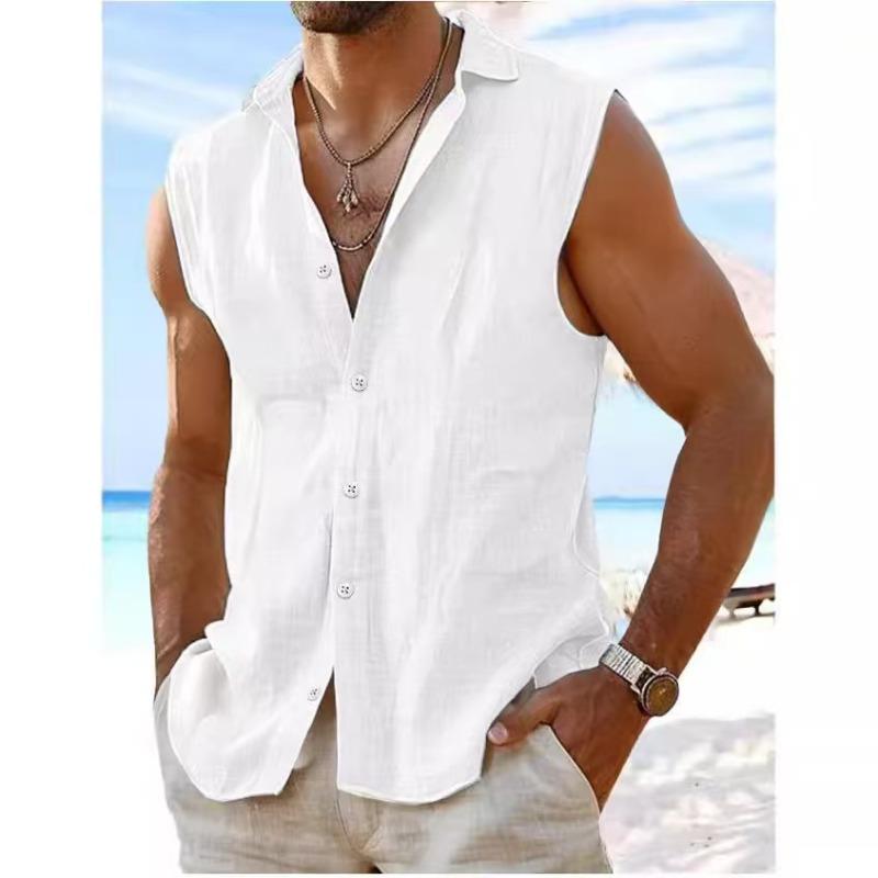 Men's Summer Cotton Sleeveless Shirt Vintage Solid Color Casual Vest Tops Beach Holiday Lightweight Breathable Male Tank Shirts