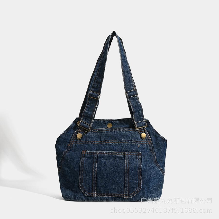 Cowboy Bag Washed Large Capacity Japanese Women s Simple Solid Color Western Style Leisure Travel Large Capacity Student Class Backpack синий