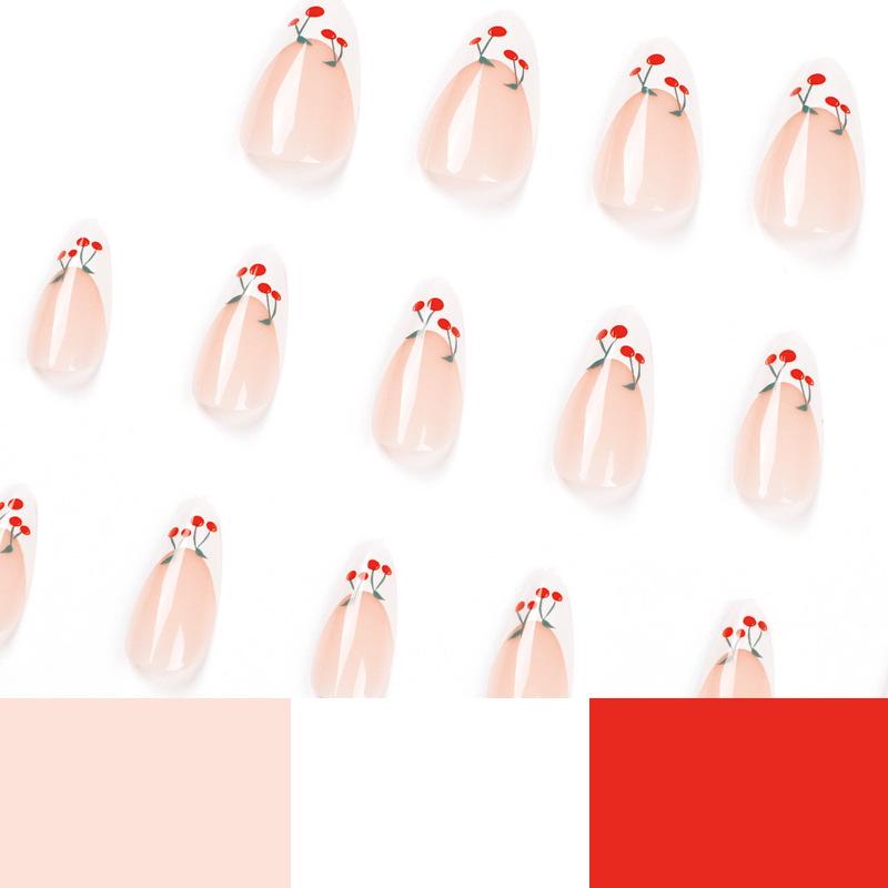 24 Pieces Wearing Nail Art, French White Edge Nail Art Wearing Finished Nail Art, Small Cherry, Removable Nail Art Nail Film