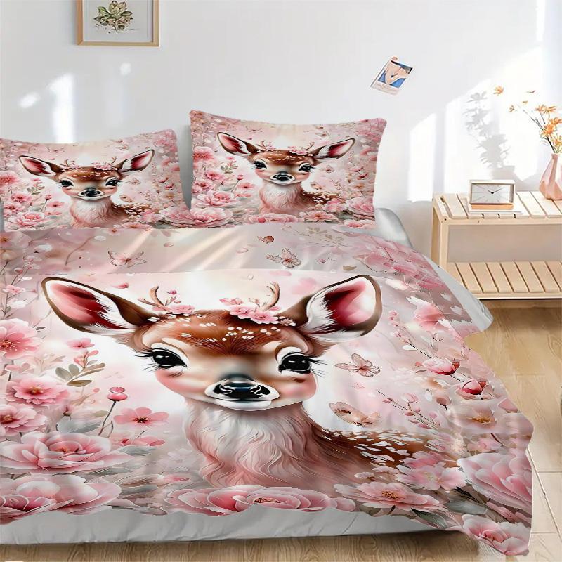 Floral Deer Fantasy Scene Print 3Pcs Bedding Setduvet Cover With 2 Bedropillowcase Home Birthday Gift