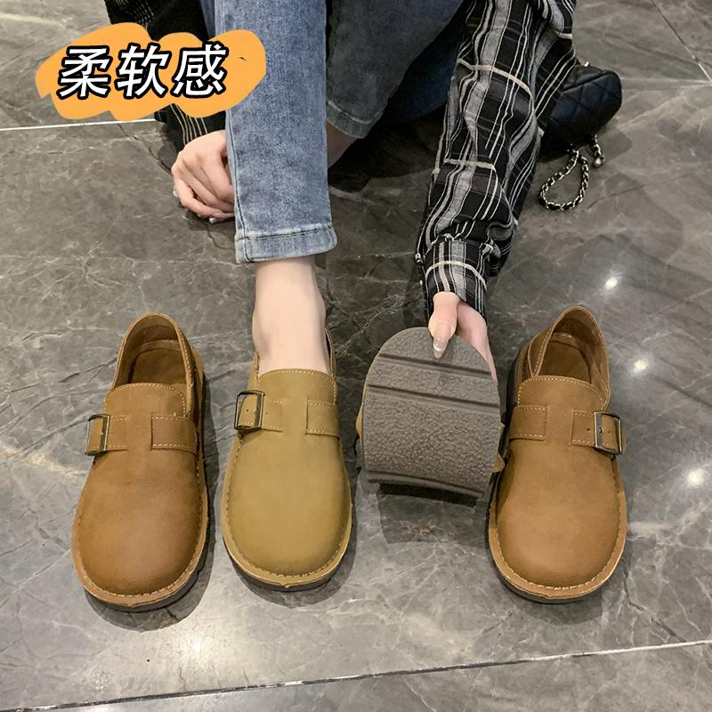 Fashion New Style Luxury Leather Women Shoes Spring Retro Round Head Plain Casual Flat Rubber Bottom Belt Buckle Women's Single Shoes