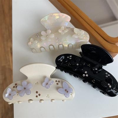 Korean-Style Acetate Butterfly Hair Clip with Floral and Diamond Accents