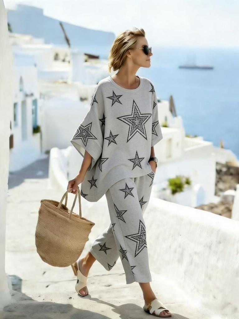 26 Summer Crew Neck Bat Sleeve Printed Two-piece Set Women's Loose Casual Top High Waist Wide Leg Pants Vacation Style Set