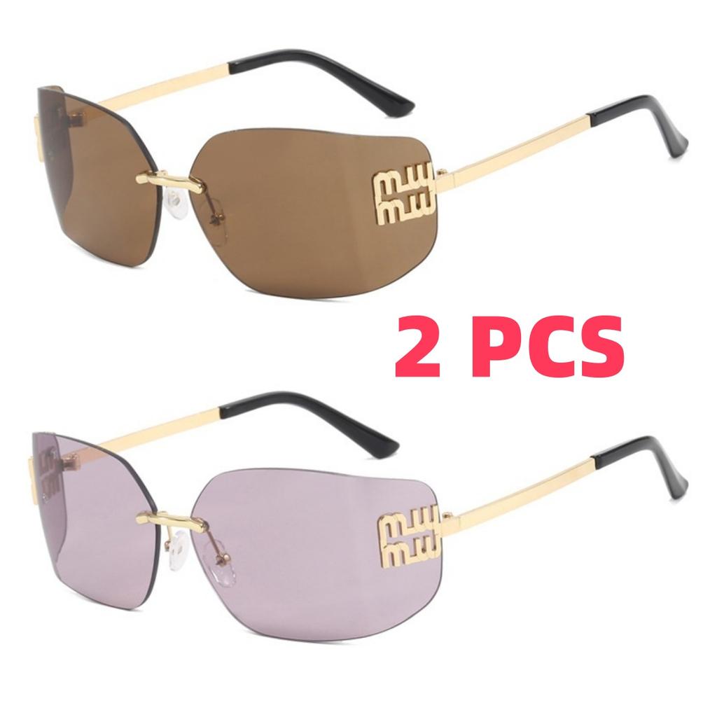 Luxury Metal Women Rimless Sunglasses Vintage High Quality Large Frame UV Protection Beach Travel Accessories
