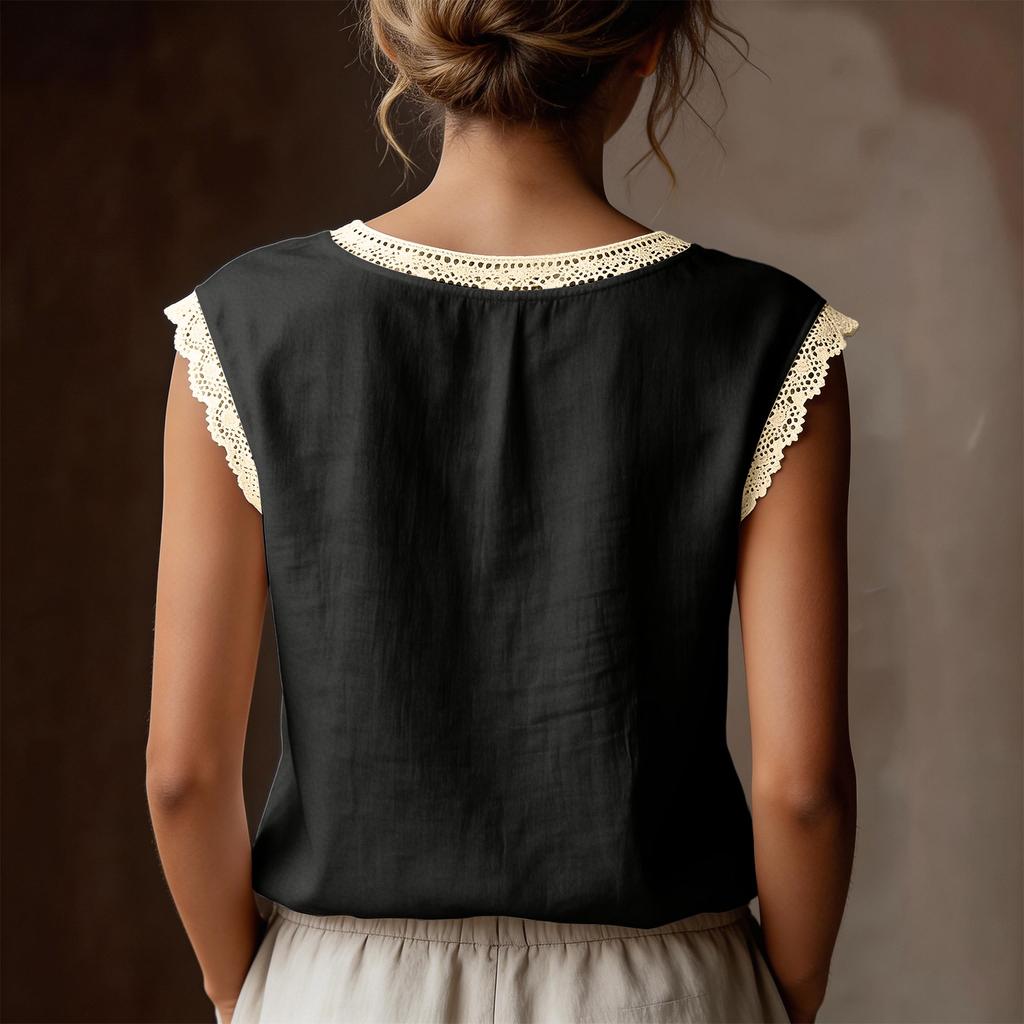 Women Vintage Loose Fit Sleeveless Linen Top Round Neck Patchwork Blouse Casual Summer Shirt for Daily Wear