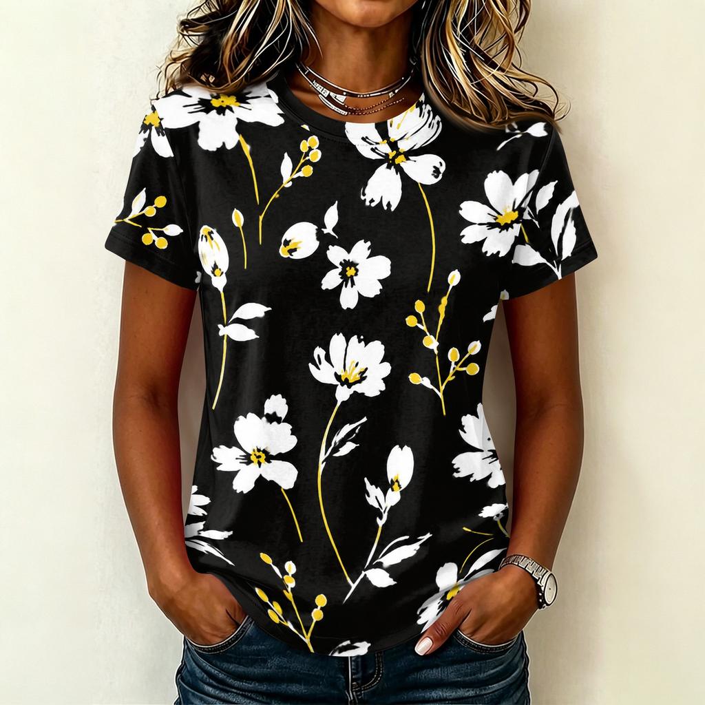 Women's Casual Pullover T Shirt Short Sleeve Round Neck Floral Print Top Lightweight Soft Fabric Relaxed Fit Tee for Everyday Wear