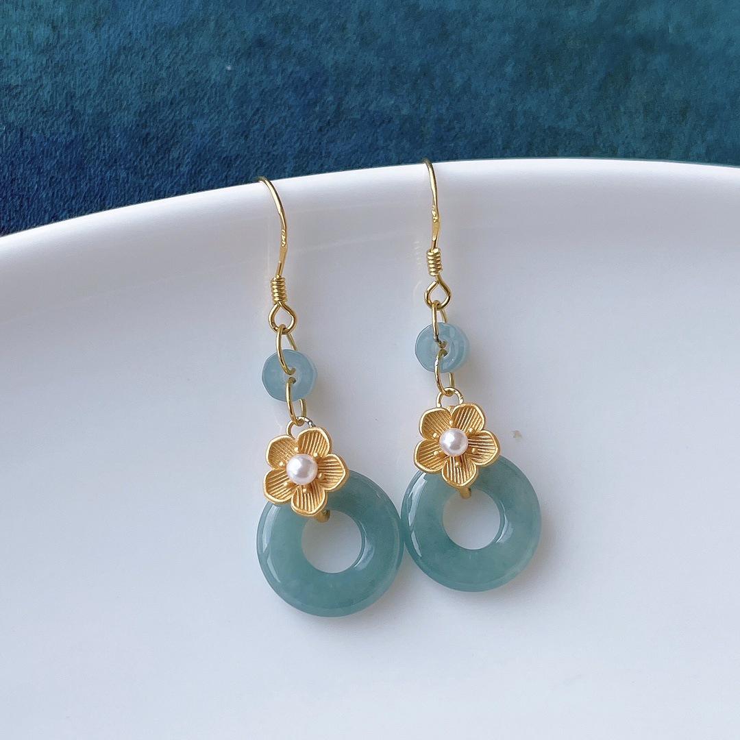 Natural A-grade Blue Jade Donut Earrings with 925 Silver Five-Petal Flower Design