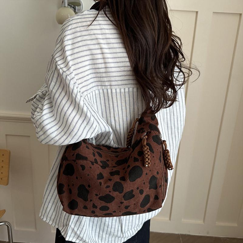Cow Print Corduroy Crossbody Bag Korean Fashi Large Capacity Shoulder Bag Casual Commute Zipper Canvas Tote Handbag