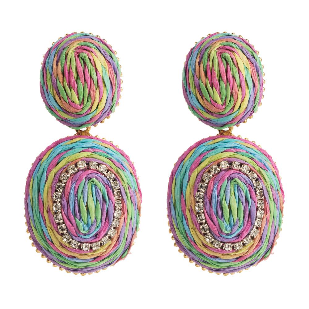 

Богемные геометрические серьги из рафии ручной работы с цветными инкрустированными бриллиантами разноцветный