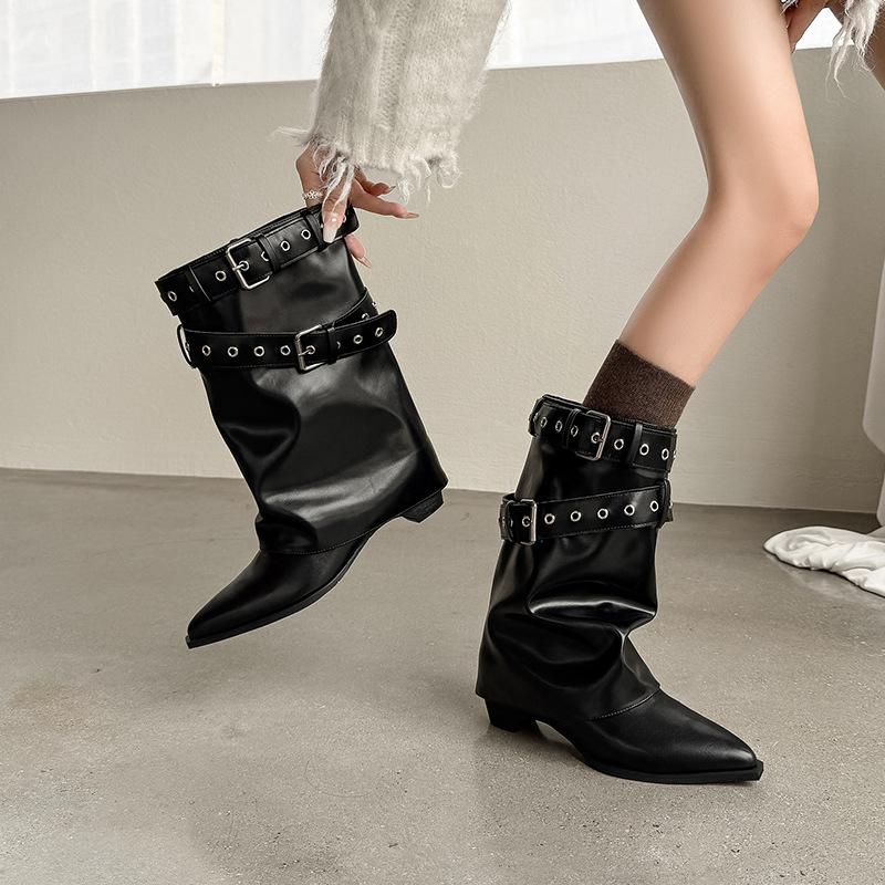 Niche Design Short Boots Women's Autumn New Spice Girl Belt Buckle Pants Boots Pointed Western Cowboy Boots