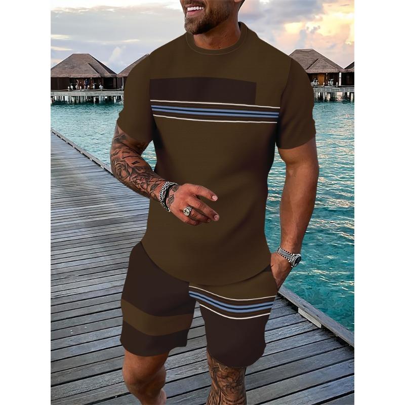 Summer Bestseller T-Shirt Set Color-Block Striped Short-Sleeve T-Shirt & Shorts Set Casual Outdoor Running Fitness Set