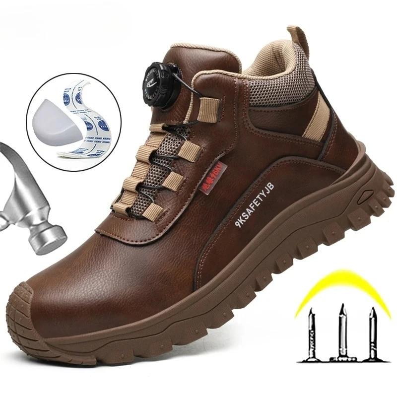 Waterproof Men Safety Shoes Rotating Button Labor Protection Shoes Leather Men's Work Boots with Steel Toe Protective Boots