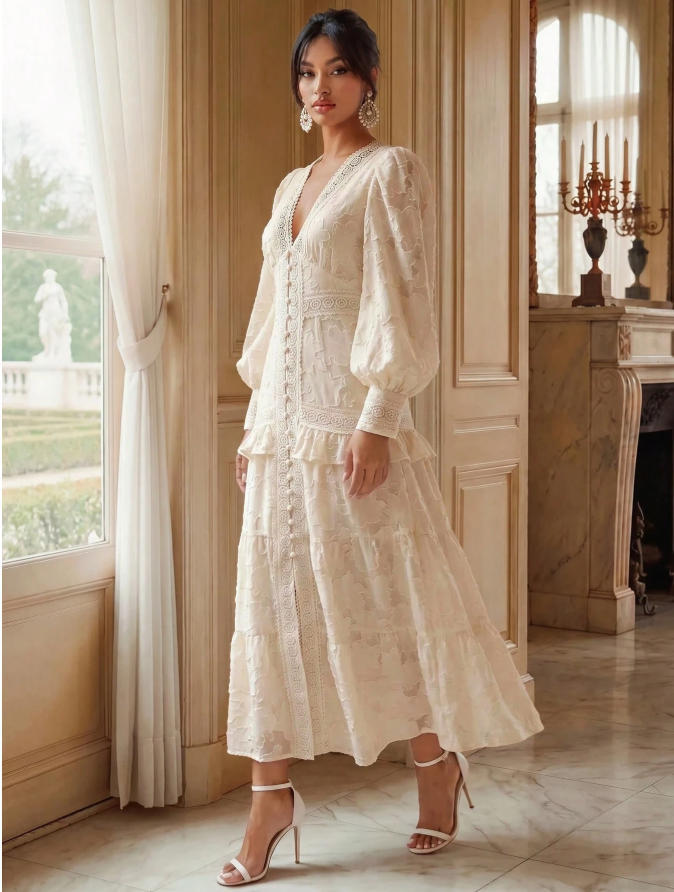 2026 Europe, America, Station French Vintage Lace Embroidery V-Neck Bubble Sleeve Layered Cake Skirt