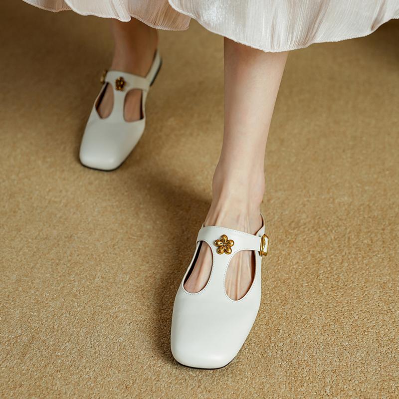 Fashion 2025 New Summer Women Mules Genuine Leather Women Shoes Square Toe Chunky Heel Sliver Women Sandals Low Heel Modern Slippers