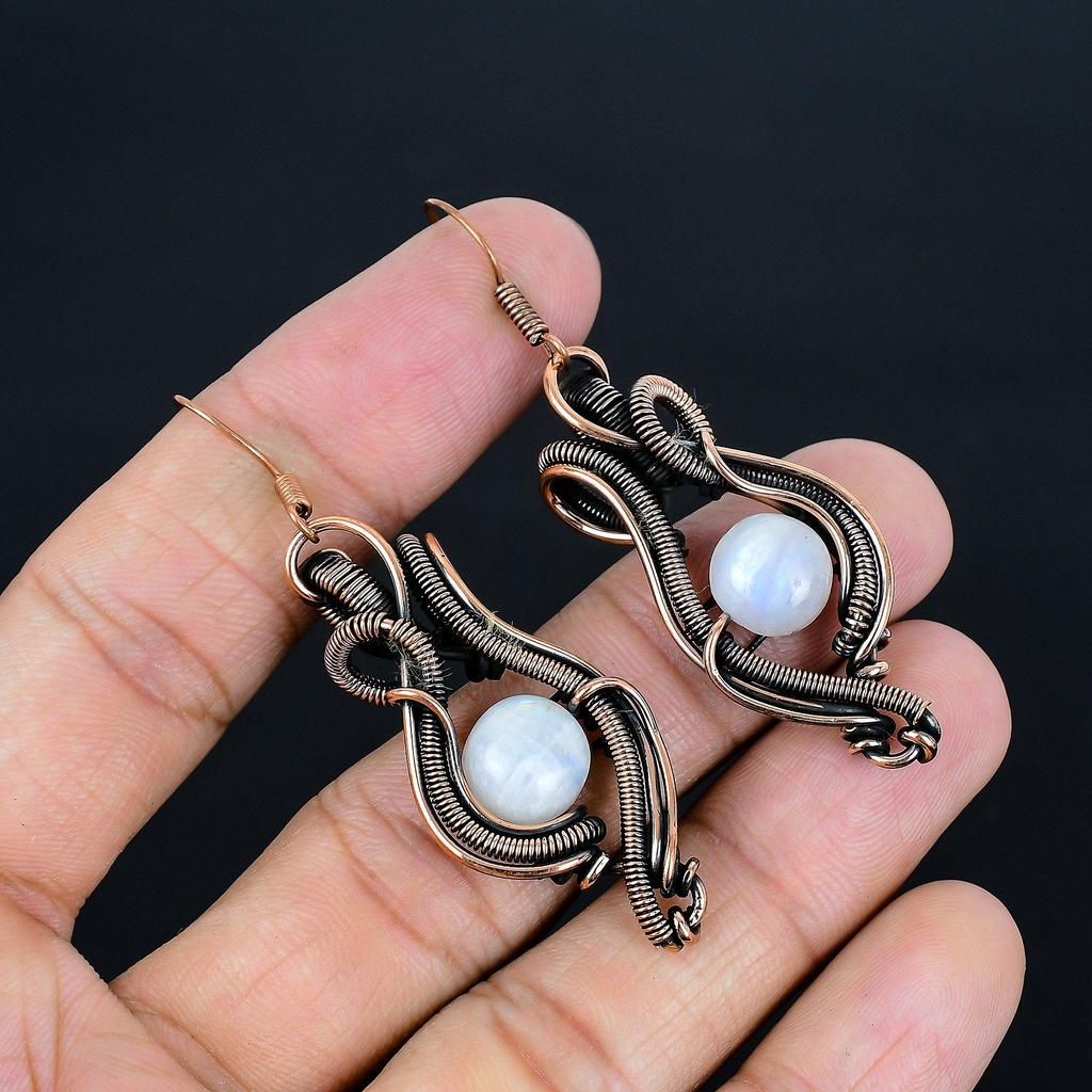 Rainbow Moonstone Earrings, Gemstone Handmade Pure Copper Wire Wrap Jewelry Earrings, Love Forever Gift