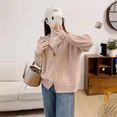 Autumn and Winter New Double Zipper Lapel Knitted Cardigan Women's Solid Color Sweater Jacket Loose Style Top Trendy