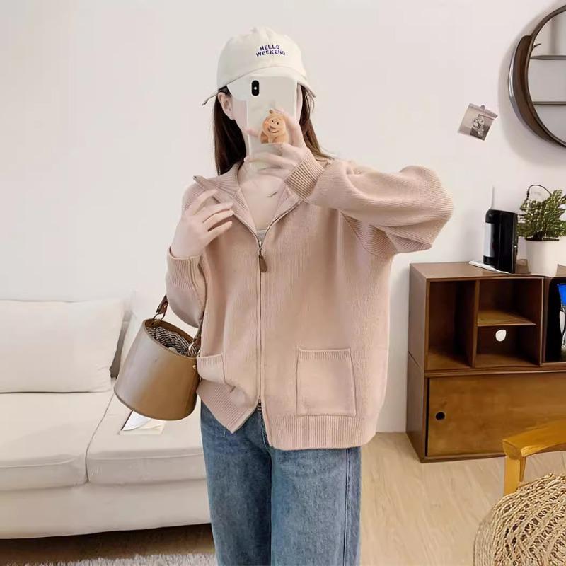 Autumn and Winter New Double Zipper Lapel Knitted Cardigan Women's Solid Color Sweater Jacket Loose Style Top Trendy