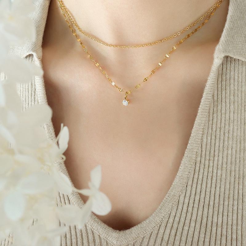 Korean Style Double Layer Zircon Titanium Steel Collarbone Necklace P806