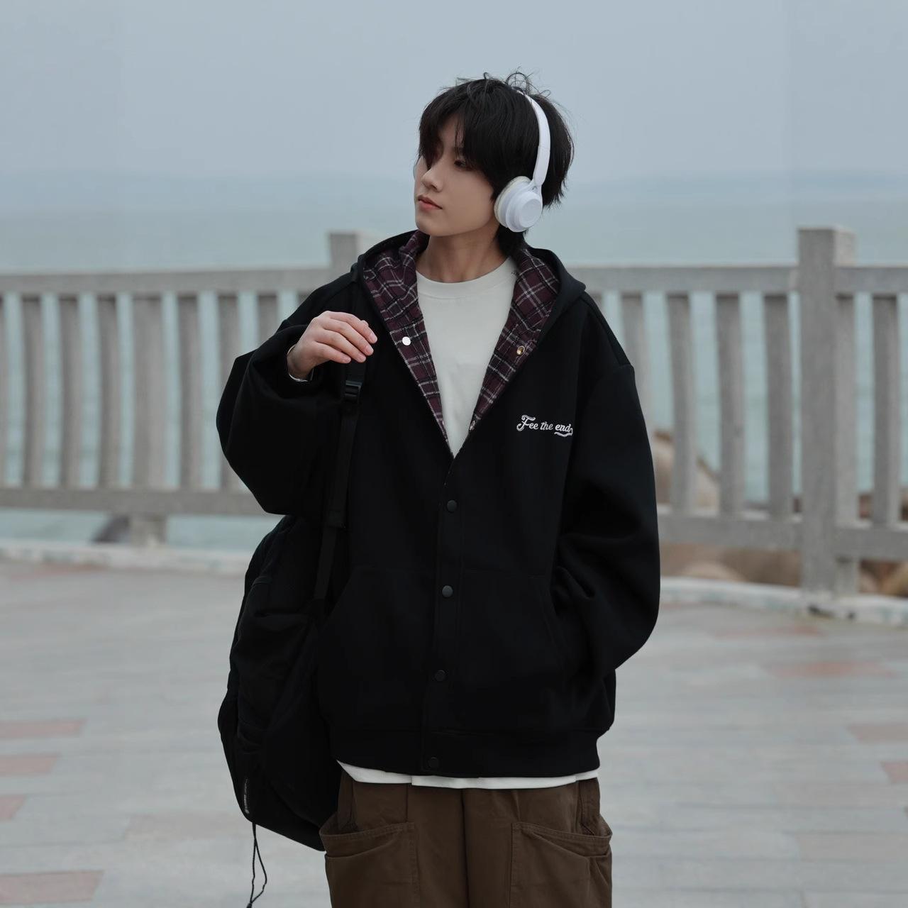 Весенний осенний и зимний худи с капюшоном в цветовой блок мужской и женский свободный повседневный в стиле ретро куртка-кардиган XXXL чёрный 4509₽